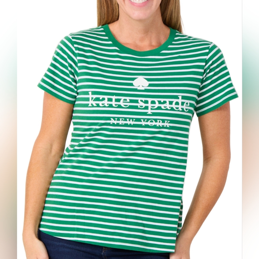 Kate Spade Green and White Striped Short Sleeve Tee